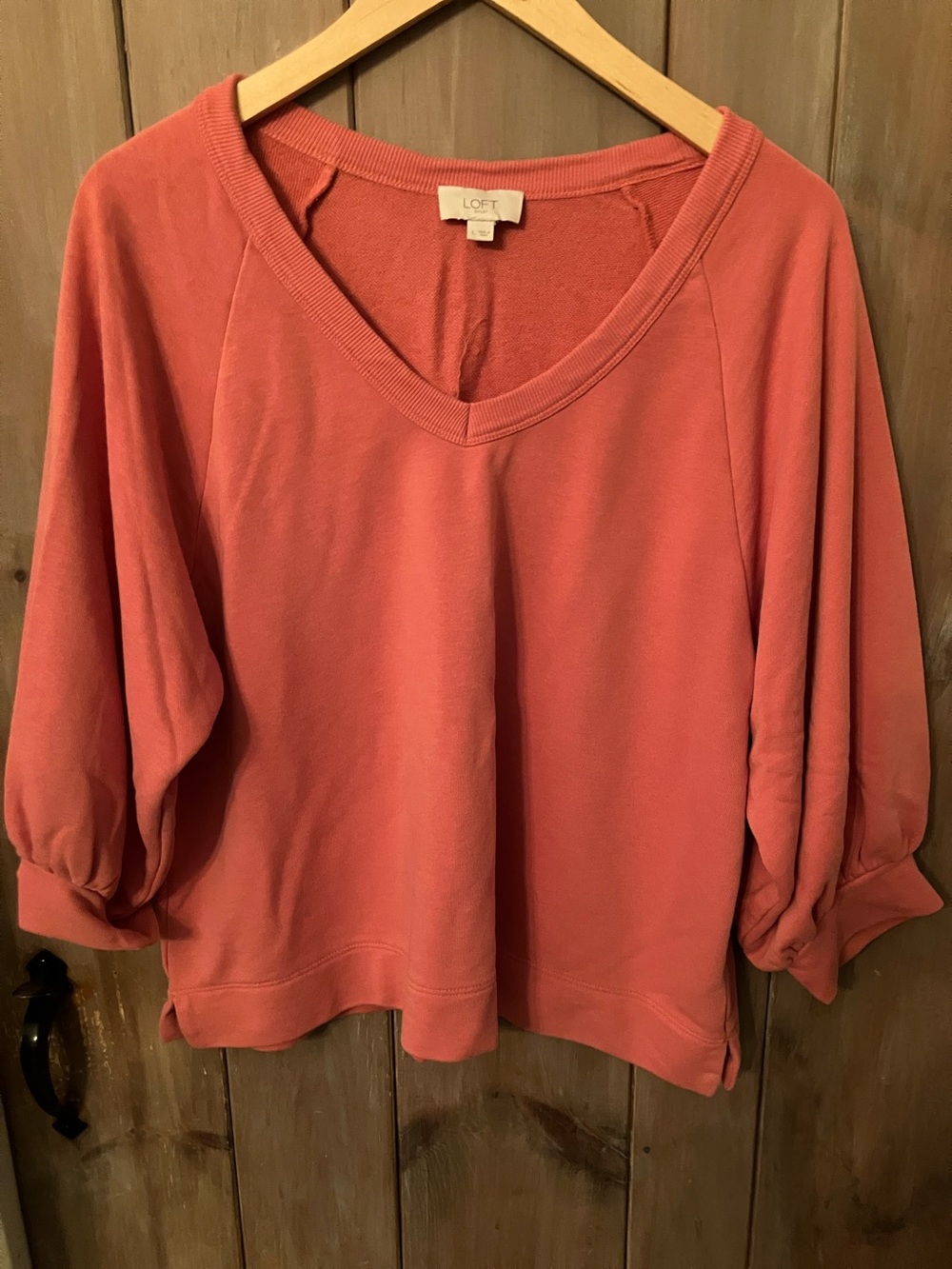 LOFT Coral Balloon Sleeve V-Neck Sweatshirt